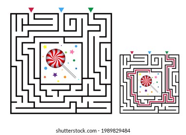 Square maze labyrinth game for kids. Logic conundrum with candy. Three entrance and one right way to go. Vector flat illustration isolated on white background.