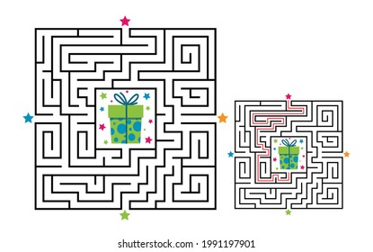 Square maze labyrinth game for kids. Logic conundrum. Four entrance and one right way to go. Vector flat illustration isolated on white background.