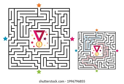 Square Maze Labyrinth Game For Kids. Logic Conundrum With Medal. Four Entrance And Two Right Ways To Go. Vector Flat Illustration Isolated On White Background.