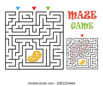 Square maze labyrinth game for kids. Logic conundrum. Three entrance and one right way to go. Vector flat illustration isolated on white background.