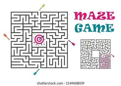 Square maze labyrinth game for kids. Logic conundrum with winner cup. Four entrance and two right ways to go. Vector flat illustration