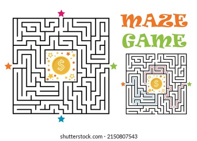 Square maze labyrinth game for kids. Logic conundrum with golden coin. Four entrance and one right way to go. Vector flat illustration