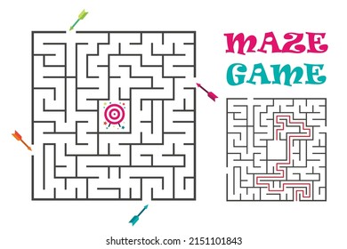 Square maze labyrinth game for kids. Logic conundrum with target and arrows. 4 entrance and one right way to go. Vector flat illustration