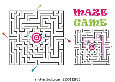 Square maze labyrinth game for kids. Logic conundrum with target and arrows. 4 entrance and one right way to go. Vector flat illustration