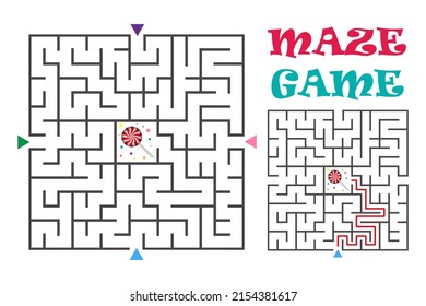 Square maze labyrinth game for kids. Logic conundrum with candy. Three entrance and one right way to go. Vector flat illustration