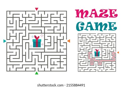 Square maze labyrinth game for kids. Logic conundrum. Four entrance and one right way to go. Vector flat illustration