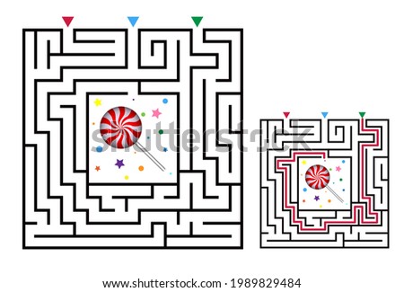 Square maze labyrinth game for kids. Logic conundrum with candy. Three entrance and one right way to go. Vector flat illustration isolated on white background.