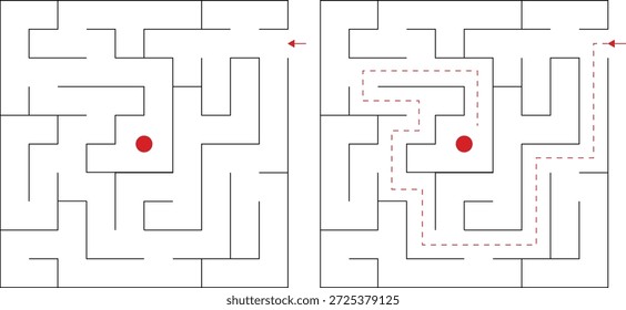 Quadratisches Labyrinth Labyrinth Puzzle mit einem Eingang, der zum Zentrum und Lösung gezeigt. Schwarzes Linien-Labyrinth auf weißem Hintergrund für Kinder und Erwachsene, druckbares Arbeitsblatt, Logik-Gehirn-Teaser-Puzzle