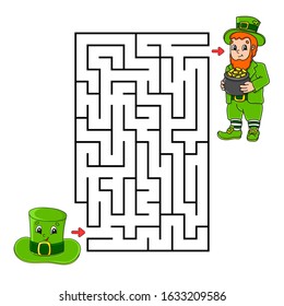 Square maze. Leprechaun and hat. Game for kids. Puzzle for children. Labyrinth conundrum. Color vector illustration. Isolated vector illustration. Cartoon character.