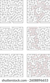 Square Maze Puzzle With Solution Illustration Black Lines And Red Dotted Path