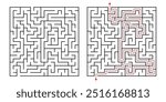 Square maze puzzle with solution path. Simple logic game, maze challenge with entry and exit points. Isolated labyrinth vector illustration on white background.