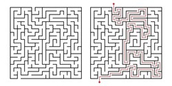 Square maze puzzle with solution path. Simple logic game, maze challenge with entry and exit points. Isolated labyrinth vector illustration on white background.