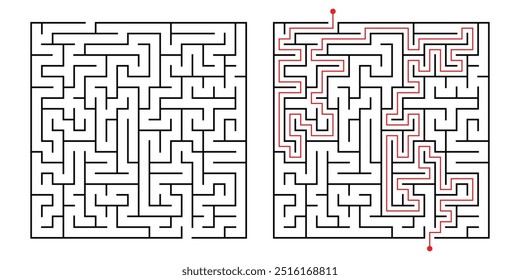 Rompecabezas de laberinto cuadrado con ruta de solución. Juego de lógica simple, desafío de laberinto con puntos de entrada y salida. Ilustración vectorial de laberinto aislada sobre fondo blanco.