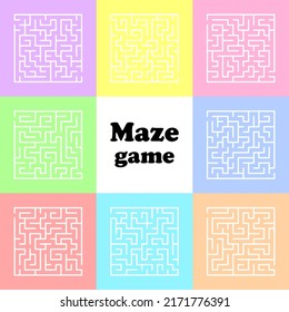 Square maze set. Vector Labyrinth, conundrum. Game for kids. Puzzle for children. Find the right path.