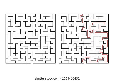 Square maze, simple logic game with labyrinths way. How to find out the quiz, finding exit path rebus or logic labyrinth challenge isolated vector illustration. Labyrinth game way. 