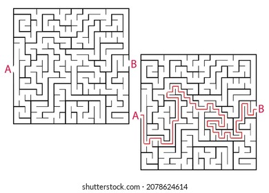 Square maze, simple logic game with labyrinths way. How to find out quiz, finding exit path rebus 