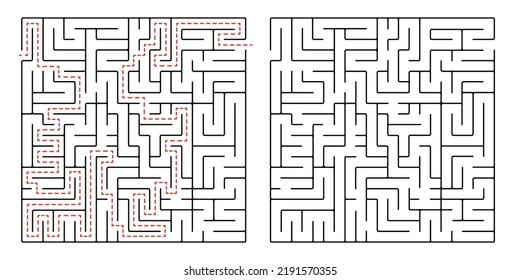 Square maze, a simple logic game with labyrinths. Vector maze game.