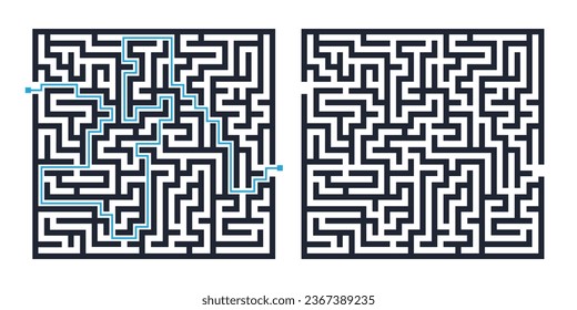 Square maze, a simple logic game with labyrinths. Vector maze game.