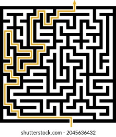 Square maze with the solution path represented by an arrow