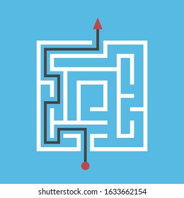 Square maze solved, way from entrance to exit on blue background. Solution, problem, strategy, challenge and game concept. Flat design. EPS 8 vector illustration, no transparency, no gradients