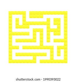 Square maze yellow bricks toy labyrinth game for kids. Logic conundrum. One entrance and one right way to go. Vector bright flat illustration isolated on white background.