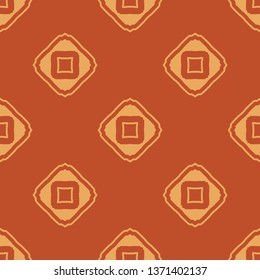 Square medallion fabric motif in orange colours. Allover vector pattern for adult colouring book, interior, wallpaper, fabric, apparel textile, phone case. Seamless bold line doodle squares motif