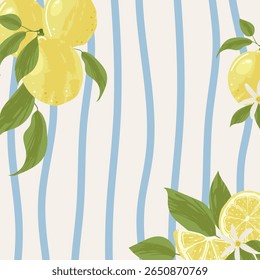 Square Mediterranean Background With Space For text. Drawing of Fresh Lemons and Blue Stripes. Vector