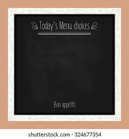 Square menu chalkboard for cafes and restaurants with an inscription. Realistic wooden frame. Vector illustration
