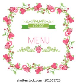 Square menu design. Square fruits frame. There is place for your text in the center. Menu template. 