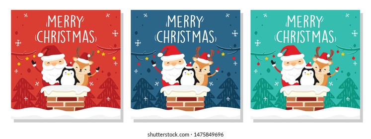 Square Merry Christmas Banner.  Santa Claus, Penguin and Deer in Chimney on The Roof.  Vector Merry Christmas Banners