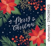 Square Merry Christmas Card With Abstract coniferous branches, poinsettia flowers, red berries. Vector template for the design of banners, posters, flyers, posts on social media, promotions