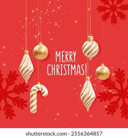 Square Merry Christmas greeting card with golden ornaments and festive red background