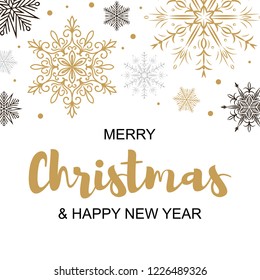 Square Merry Christmas and Happy New Year greeting card with beautiful golden and black snowflakes. Christmas design for banners, posters, massages, announcements. Space for text
