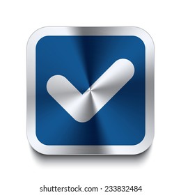 Square metal button with checkmark icon print on top. Part of a blue metal buttons set.