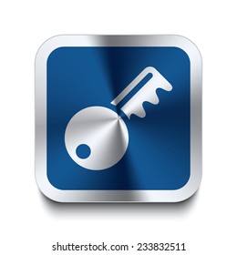 Square metal button with key icon print on top. Part of a blue metal buttons set.