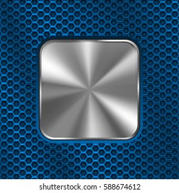 Square metal button on blue perforated background. Vector 3d illustration.