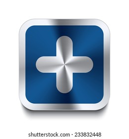 Square metal button with plus icon print on top. Part of a blue metal buttons set.