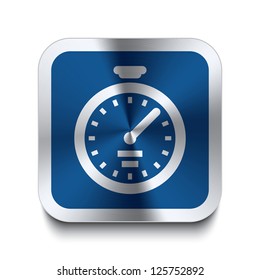 Square metal button with stopwatch icon print on top of it. Part of a collection of blue metal buttons.