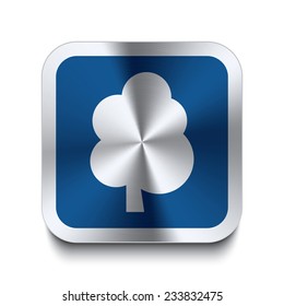 Square metal button with tree icon print on top. Part of a blue metal buttons set.