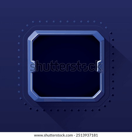 Square metal frame on a blue metal background. Metal porthole of a space or sea ship. Rectangular mine