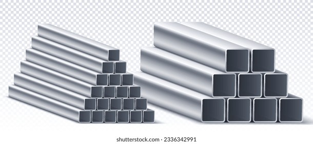 Square metal pipes on copy space concept. Inventory for building houses and repairs. Conducting factory or construction. Realistic isometric vector collection isolated on transparent background