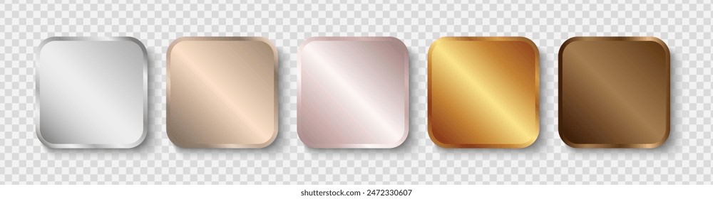 Square metal realistic frames, medals, stickers or icons. Silver, gold, bronze template.