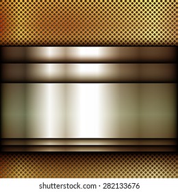 The square metallic background with banner