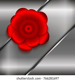 The square metallic Background and red abstract flower