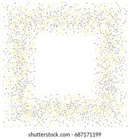 Square metallic confetti frame or border of random scatter golden and silvery circles, squares, stars, triangles and pentagons isolated on white.