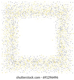 Square metallic confetti frame or border of random scatter golden and silvery circles, squares, stars, triangles and pentagons isolated on white.
