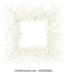 Square metallic confetti frame or border of random scatter golden and silvery circles, squares, stars, triangles and pentagons isolated on white.