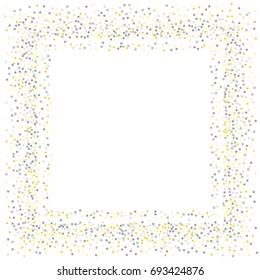 Square metallic confetti frame or border of random scatter golden and silvery circles, squares, stars, triangles and pentagons isolated on white.