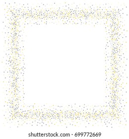 Square metallic confetti frame or border of random scatter golden and silvery circles, squares, stars, triangles and pentagons isolated on white.