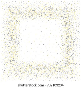 Square metallic confetti frame or border of random scatter golden and silvery circles, squares, stars, triangles and pentagons isolated on white.